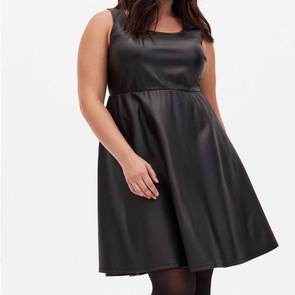 (D23) Torrid Black Faux Leather Skater Midi-Dress